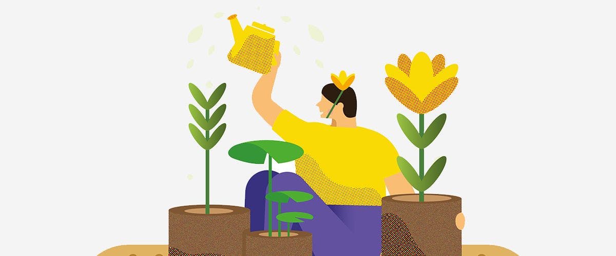 An illustration of a figure watering plants