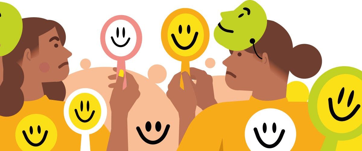 A bright illustration of people wearing masks of sad and happy faces