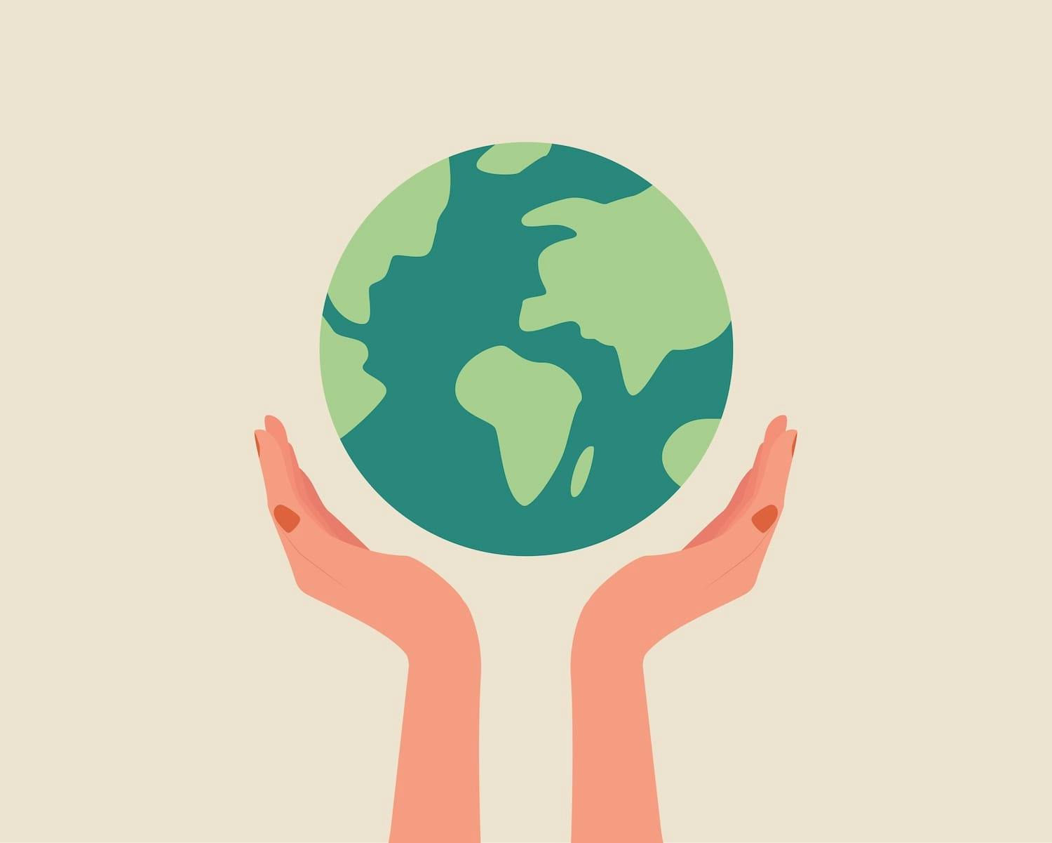 Image shows an illustration of hands holding Earth