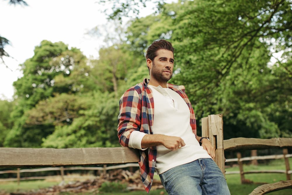 This is a photo of Matt in a plaid shirt leaning against a fence in Richmond