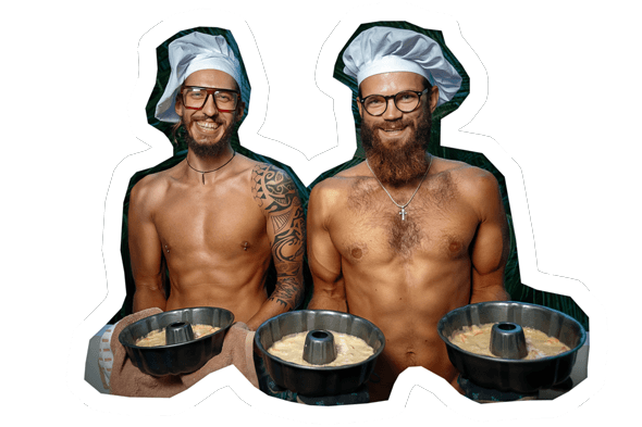 two topless men holding a plate of food