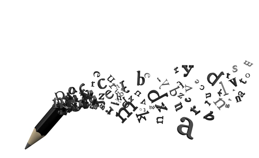 This is an image of a pencil with letters coming out of it