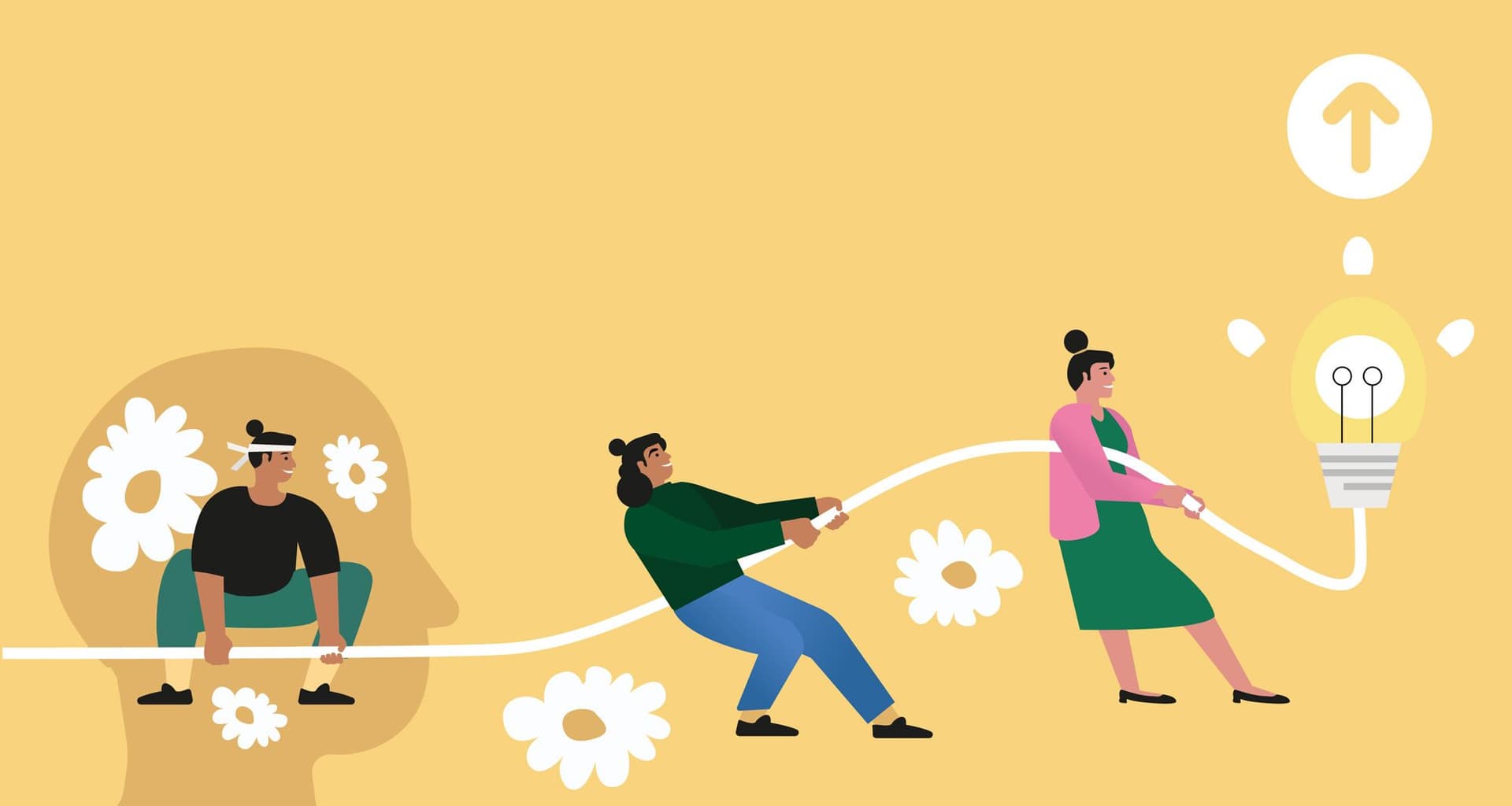 Three people are working together to lift a lightbulb in an illustration