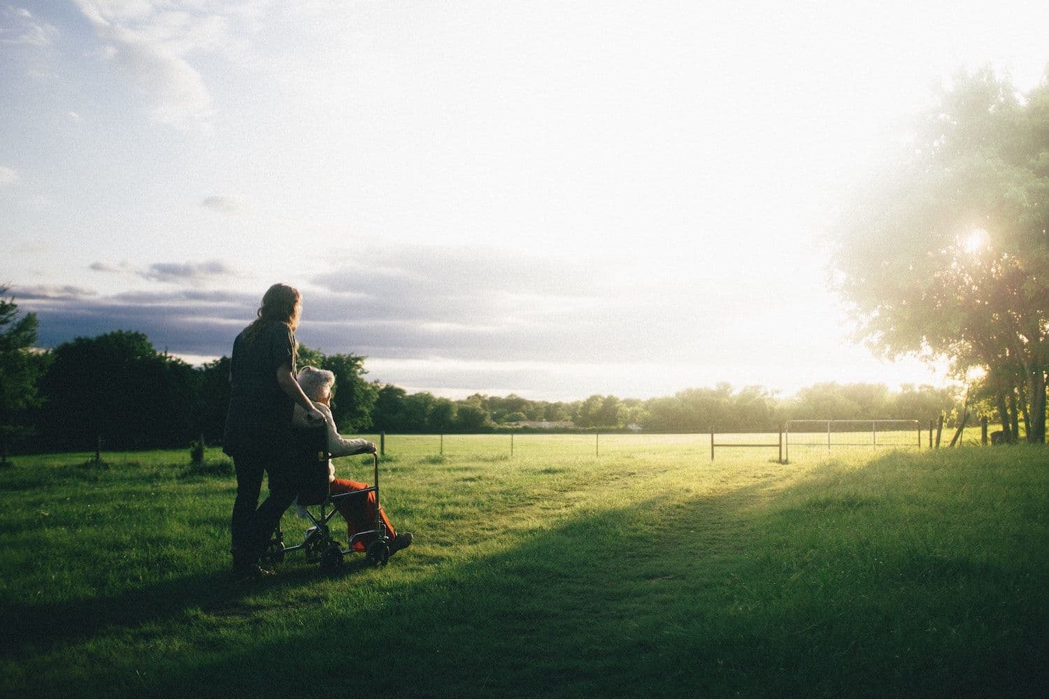 Image shows a carer and person looking out across a field.