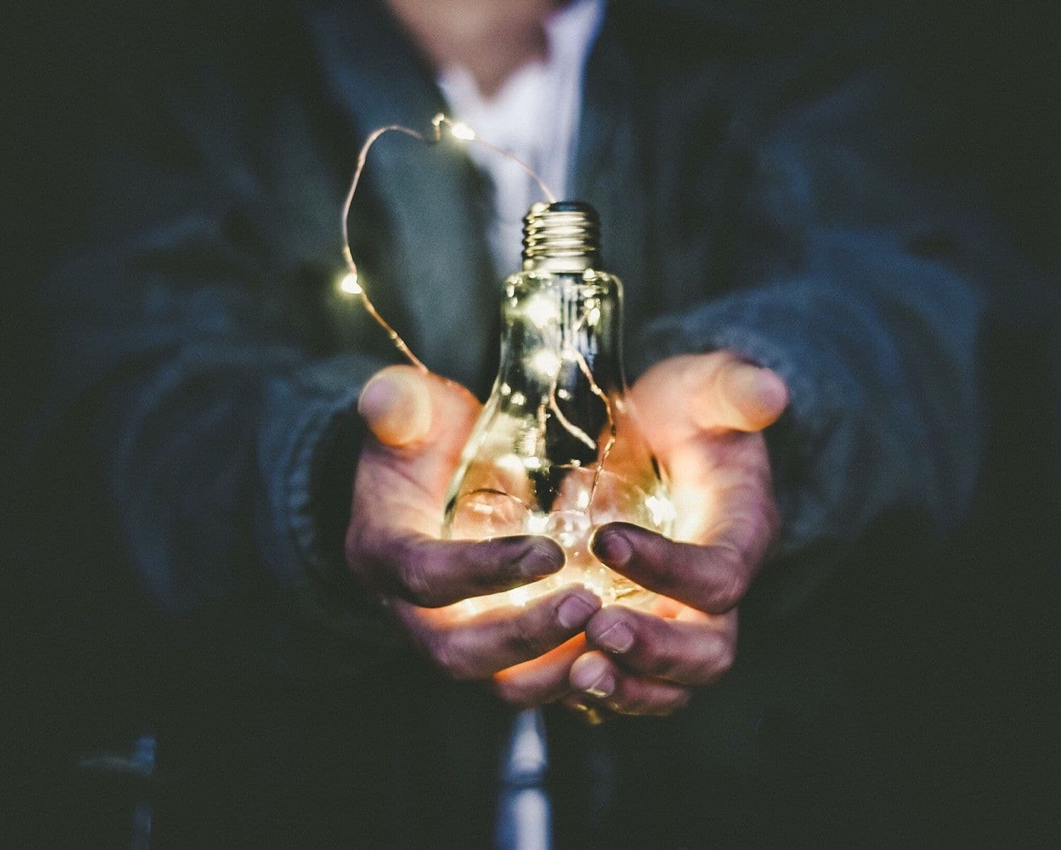 Hands holding a lightbulb.